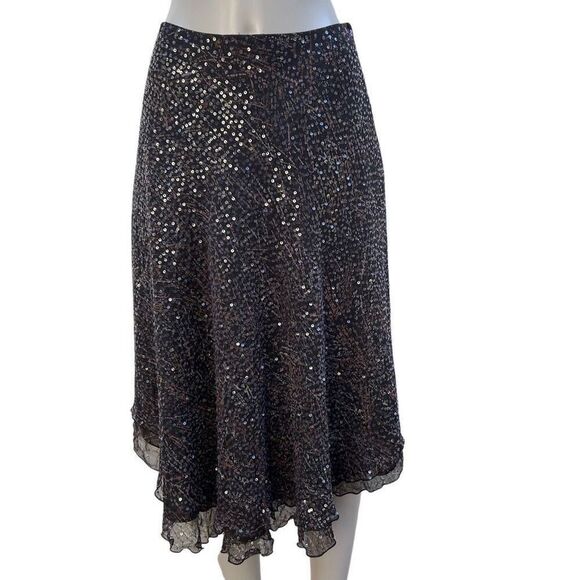 Vtg Worth Evening Midi Skirt Size 6 Brown Sequin 100% silk Asymmetrical Layered - Picture 3 of 16